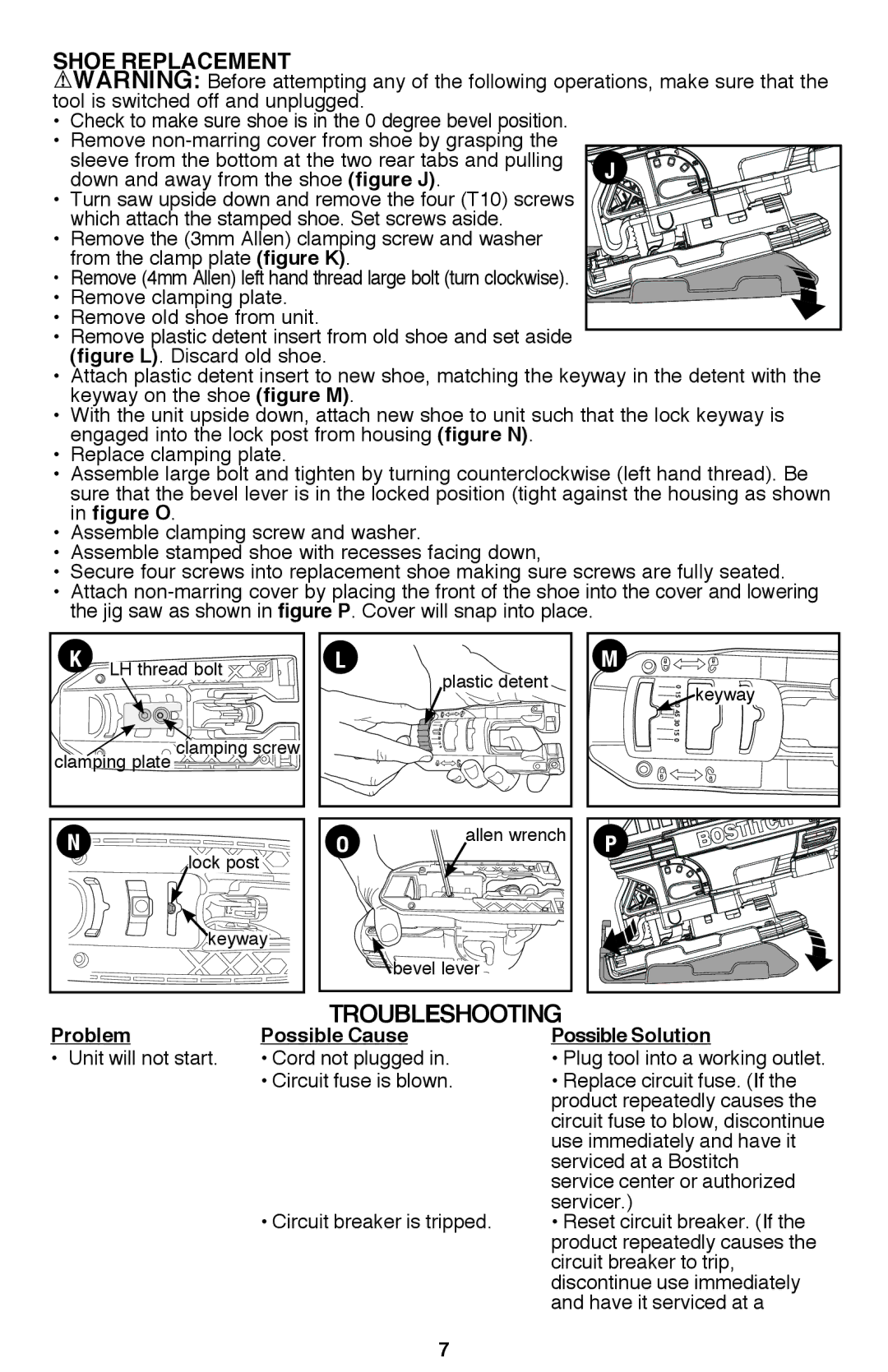 Bostitch BTE340K instruction manual Troubleshooting, Shoe Replacement, Problem, Possible Cause Possible Solution 