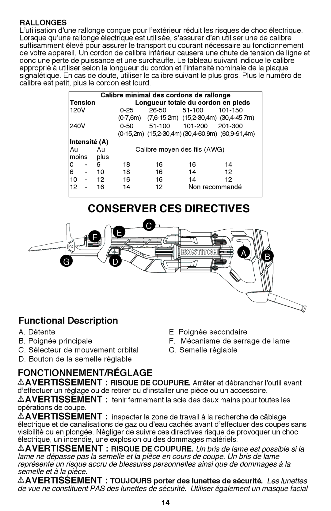 Bostitch BTE360K instruction manual FONCTIONNEMENT/Réglage, Rallonges 