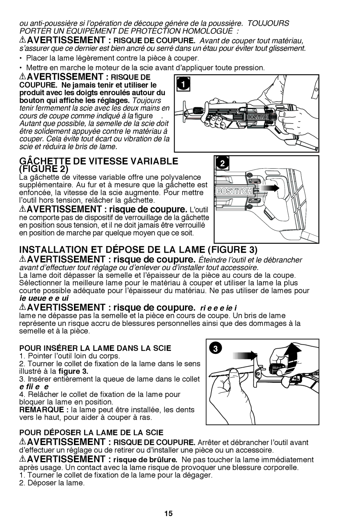 Bostitch BTE360K instruction manual Porter UN Équipement DE Protection Homologué, Pour Déposer LA Lame DE LA Scie 