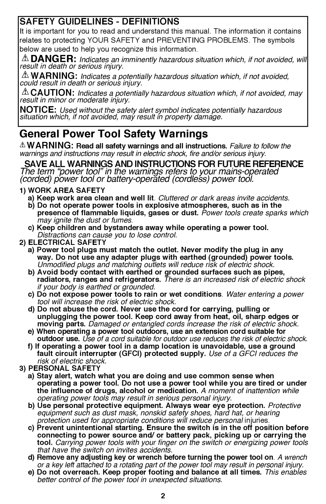 Bostitch BTE360K instruction manual Safety Guidelines Definitions, Work Area Safety 