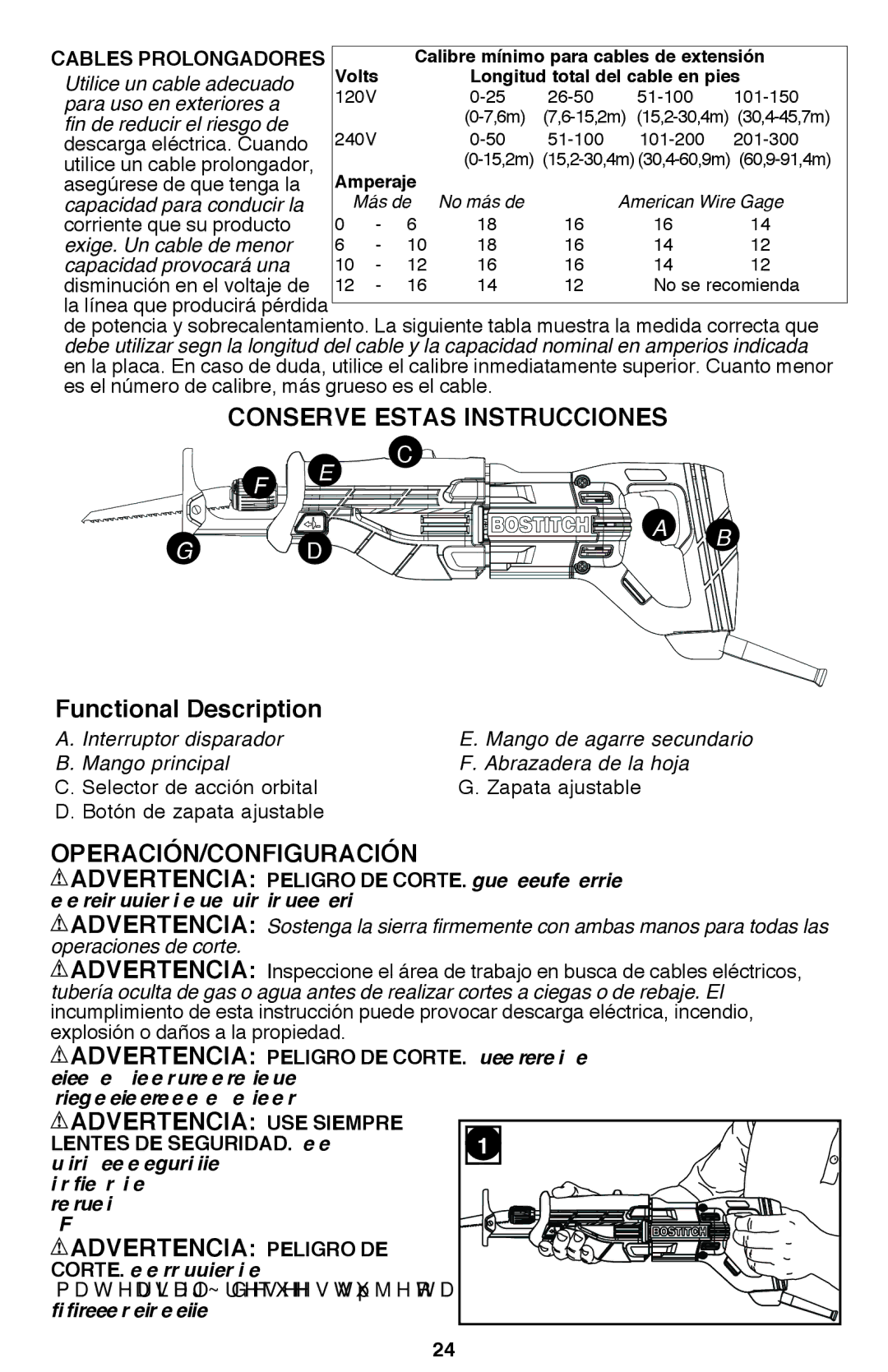 Bostitch BTE360K instruction manual Conserve Estas Instrucciones, OPERACIÓN/Configuración, Cables prolongadores 