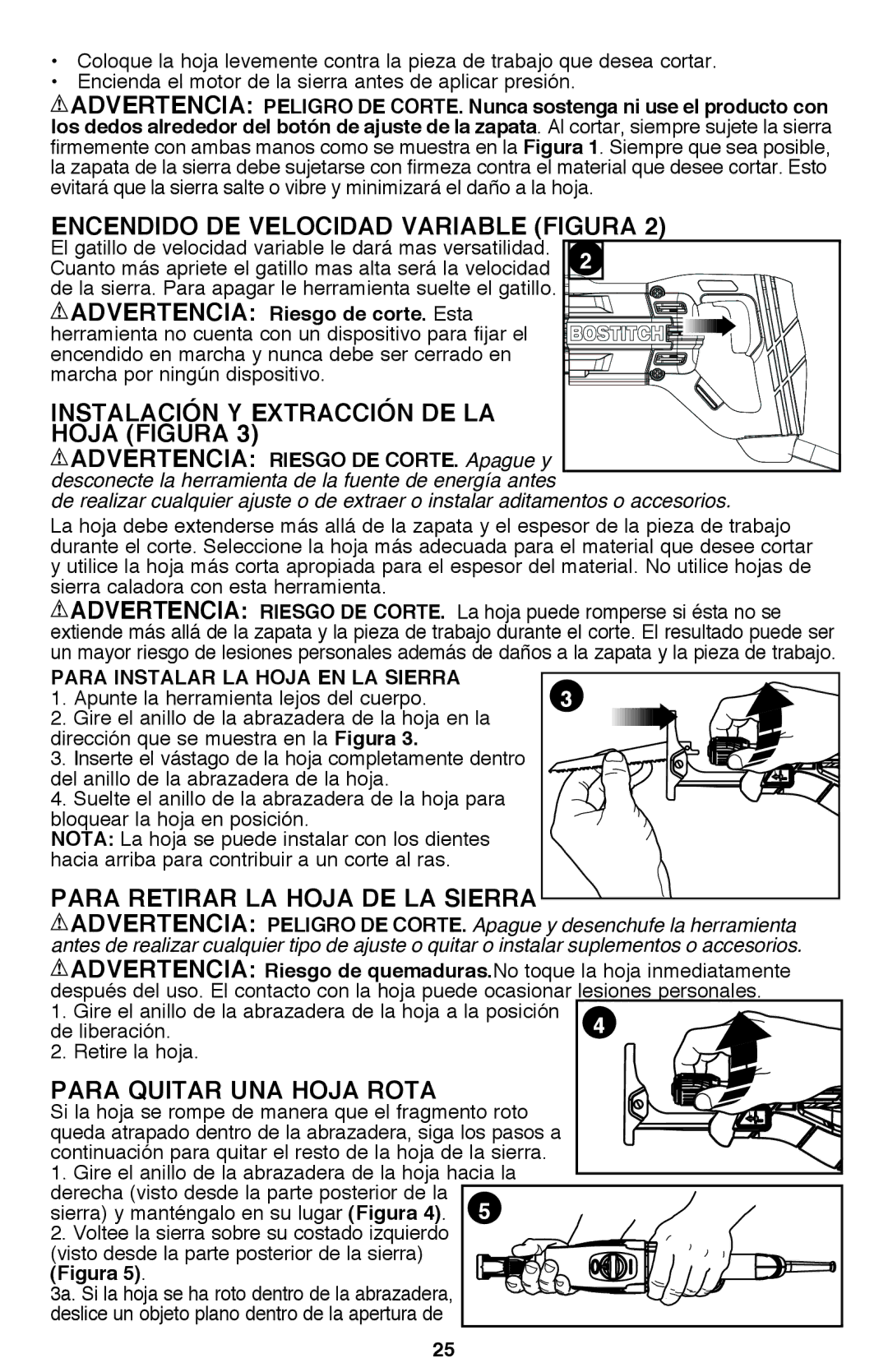 Bostitch BTE360K instruction manual Encendido DE Velocidad Variable figura, Instalación y extracción de la Hoja Figura 