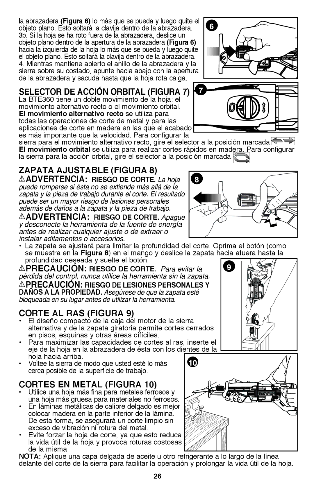 Bostitch BTE360K instruction manual Corte al ras Figura, Cortes en metal Figura 