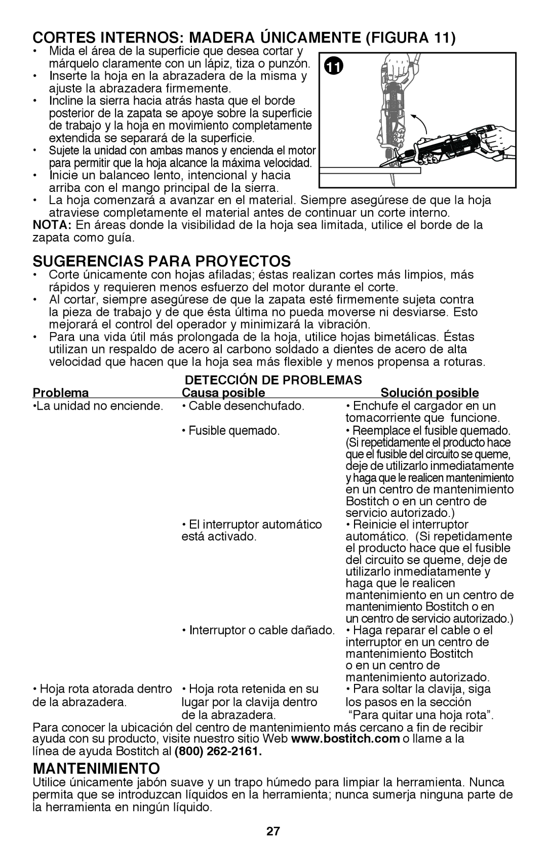 Bostitch BTE360K Cortes internos Madera únicamente Figura, Sugerencias Para Proyectos, Mantenimiento, 800 