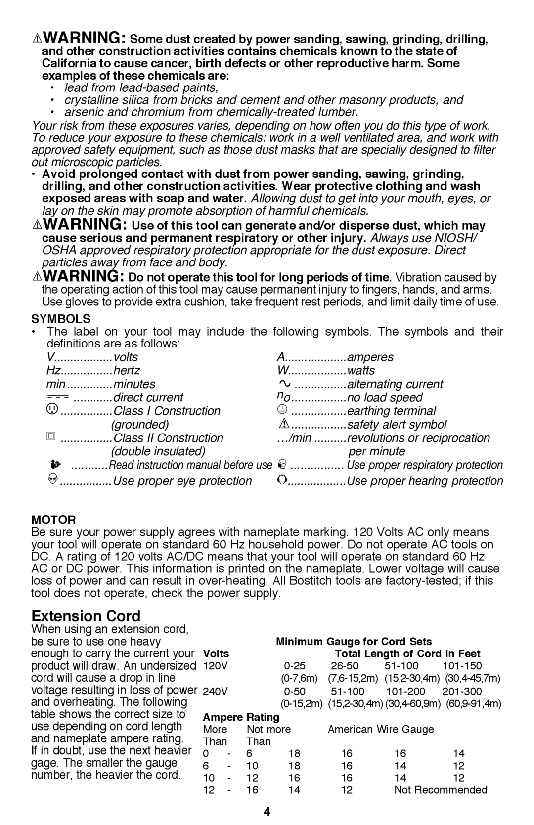 Bostitch BTE360K instruction manual Extension Cord, Symbols, Motor 