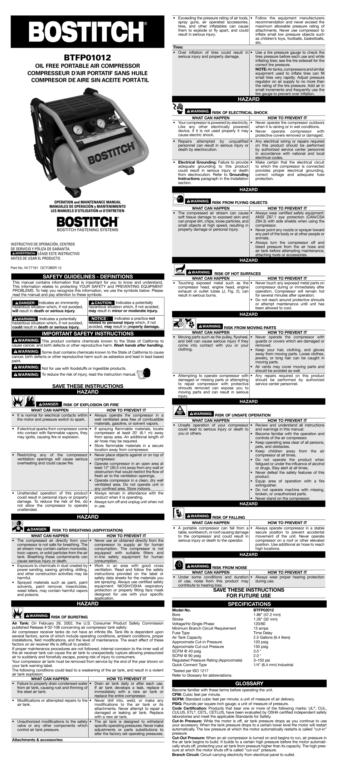 Bostitch BTFP01012 important safety instructions Safety Guidelines Definitions, Important Safety Instructions, Hazard 