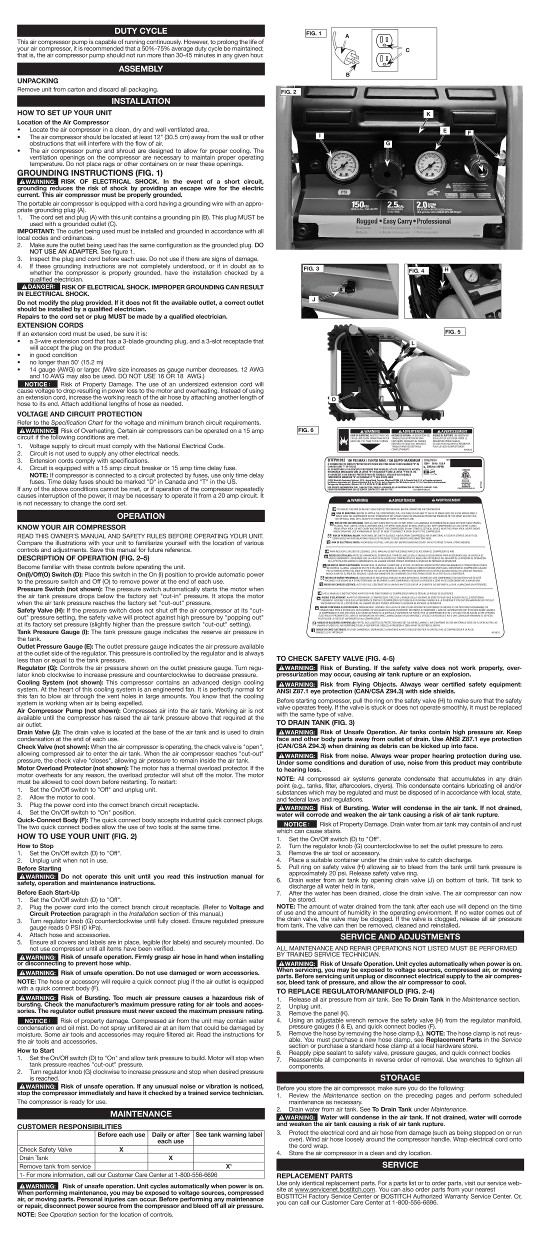 Bostitch BTFP01012 Duty Cycle, Assembly, Installation, Operation, Maintenance, Service and Adjustments, Storage 