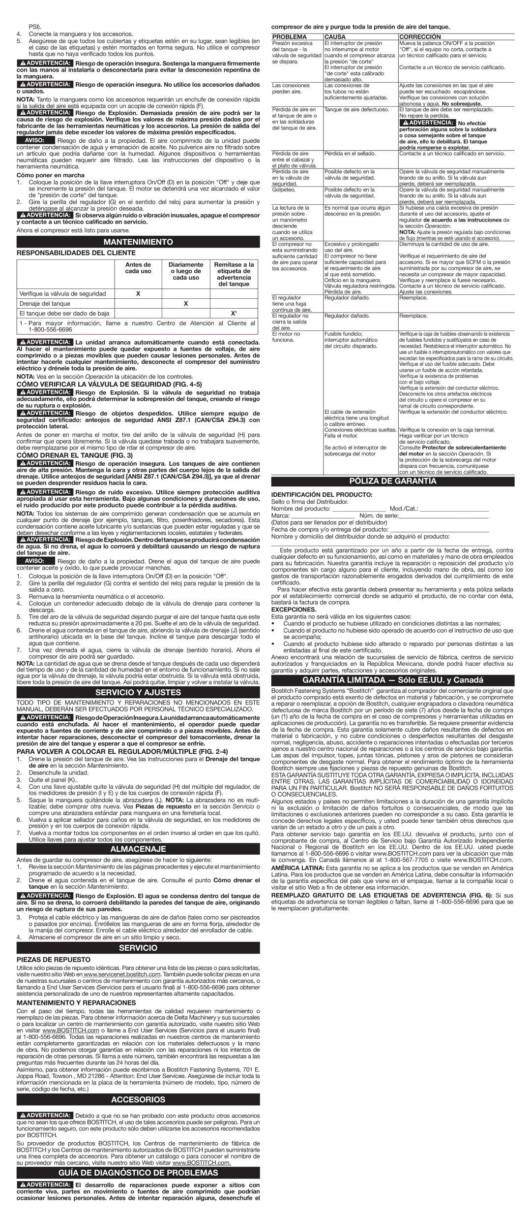 Bostitch BTFP01012 Mantenimiento, Servicio Y Ajustes, Almacenaje, Accesorios, Guía DE Diagnóstico DE Problemas 