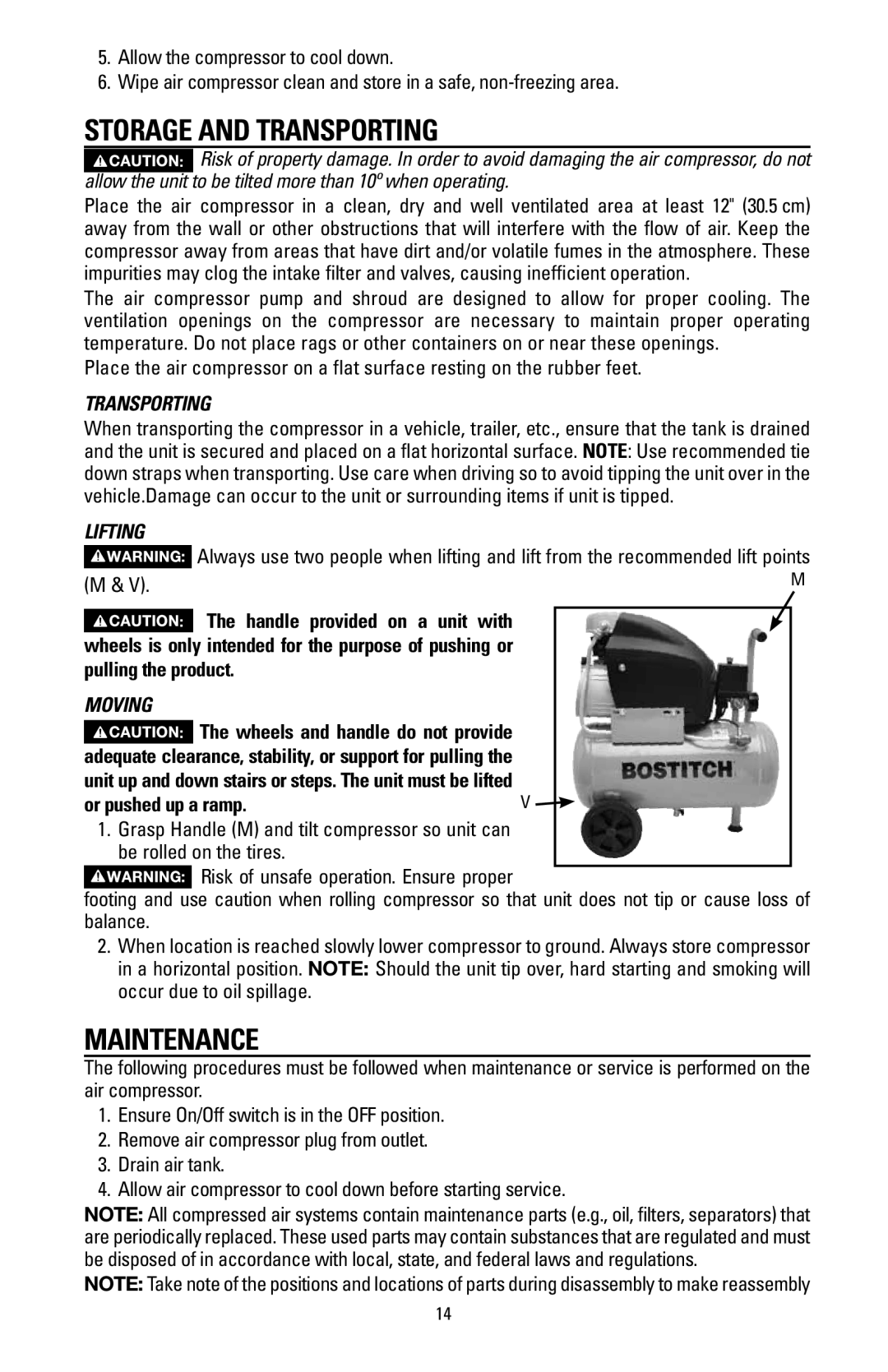 Bostitch BTFP02006 instruction manual Storage and Transporting, Maintenance, Lifting 