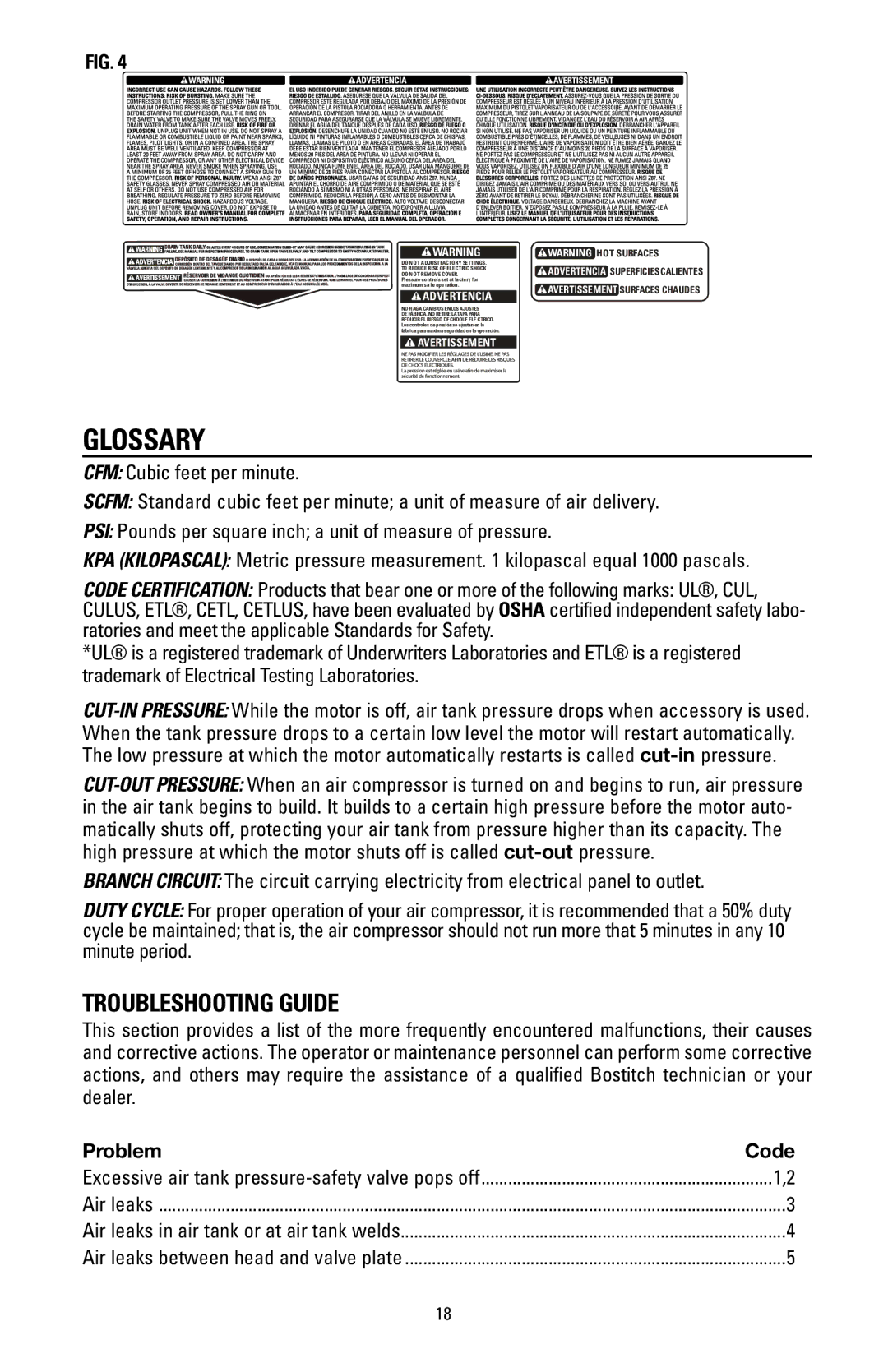 Bostitch BTFP02006 instruction manual Glossary, Troubleshooting Guide, Problem Code 