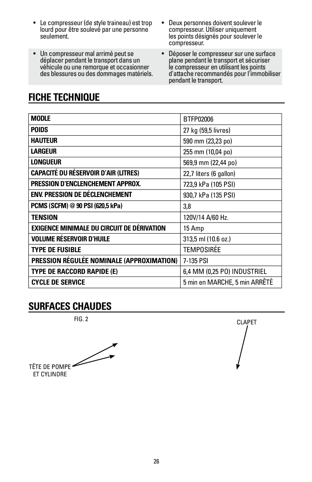 Bostitch BTFP02006 instruction manual Fiche technique, Surfaces chaudes 