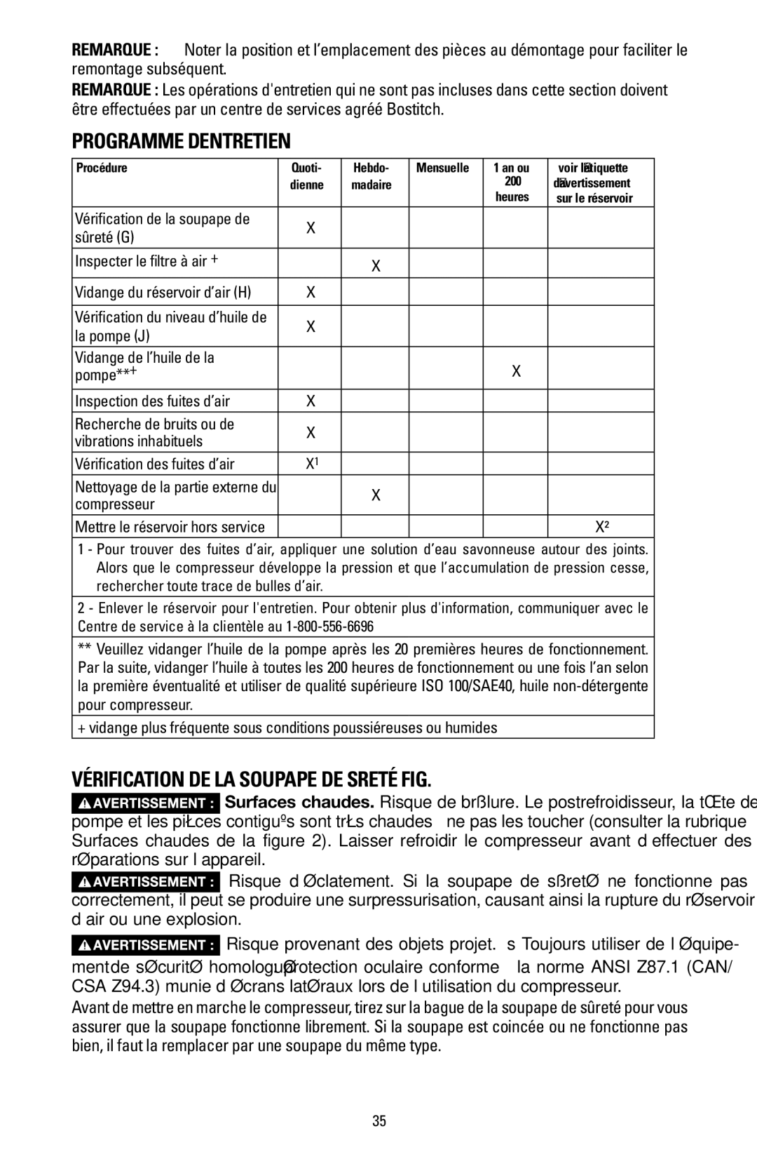 Bostitch BTFP02006 instruction manual Programme d’entretien, Vérification de la soupape de sûreté Fig 