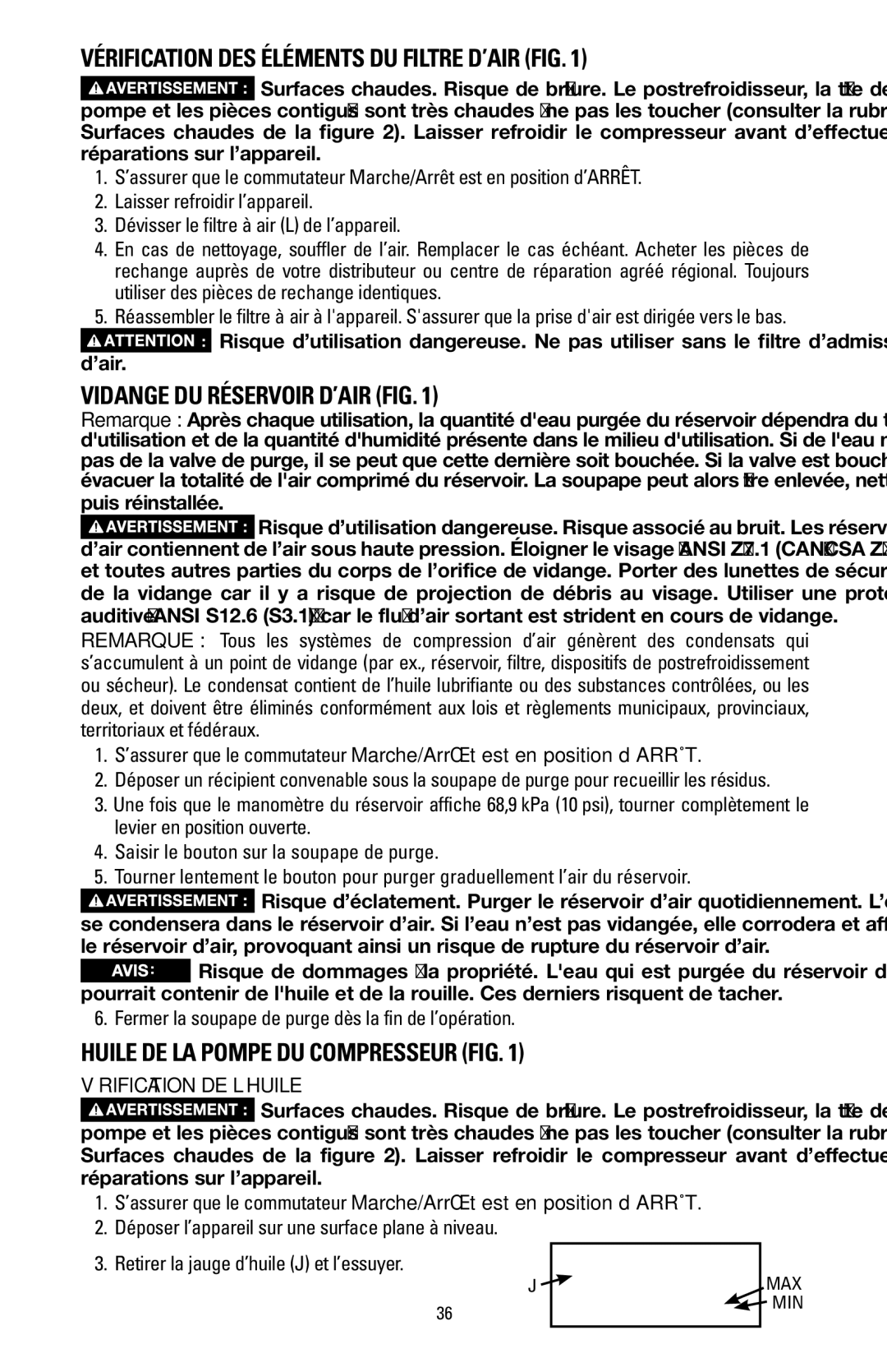 Bostitch BTFP02006 Vérification des éléments du filtre d’air Fig, Vidange du réservoir d’air Fig, Vérification de l’huile 