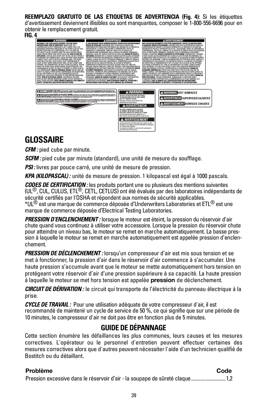 Bostitch BTFP02006 instruction manual Glossaire, Guide de dépannage, Obtenir le remplacement gratuit, Problème Code 