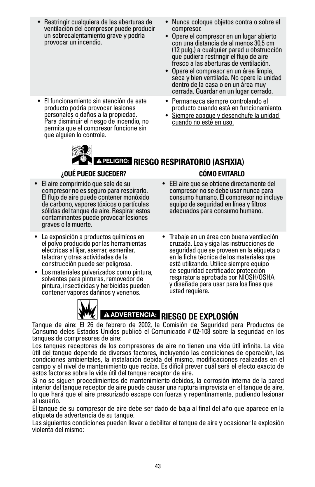 Bostitch BTFP02006 Riesgo Respiratorio asfixia, Riesgo de explosión, Nunca coloque objetos contra o sobre el compresor 