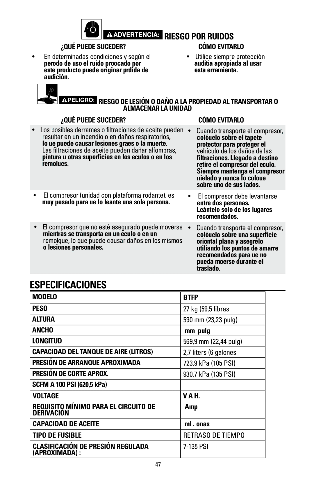 Bostitch BTFP02006 instruction manual Especificaciones, Riesgo por ruidos 