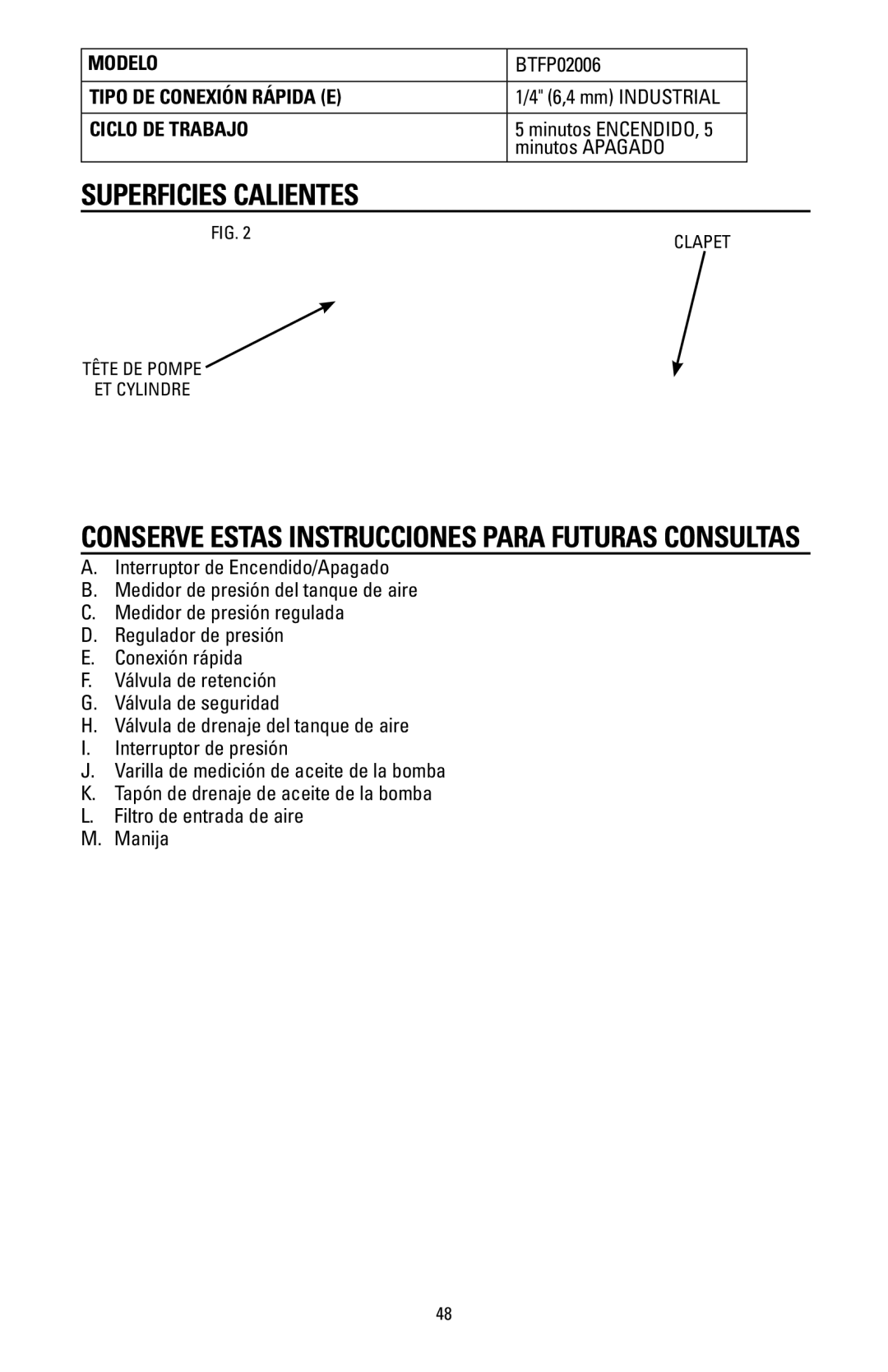 Bostitch BTFP02006 instruction manual Superficies calientes, Tipo DE Conexión Rápida E, Ciclo DE Trabajo, Minutos Apagado 