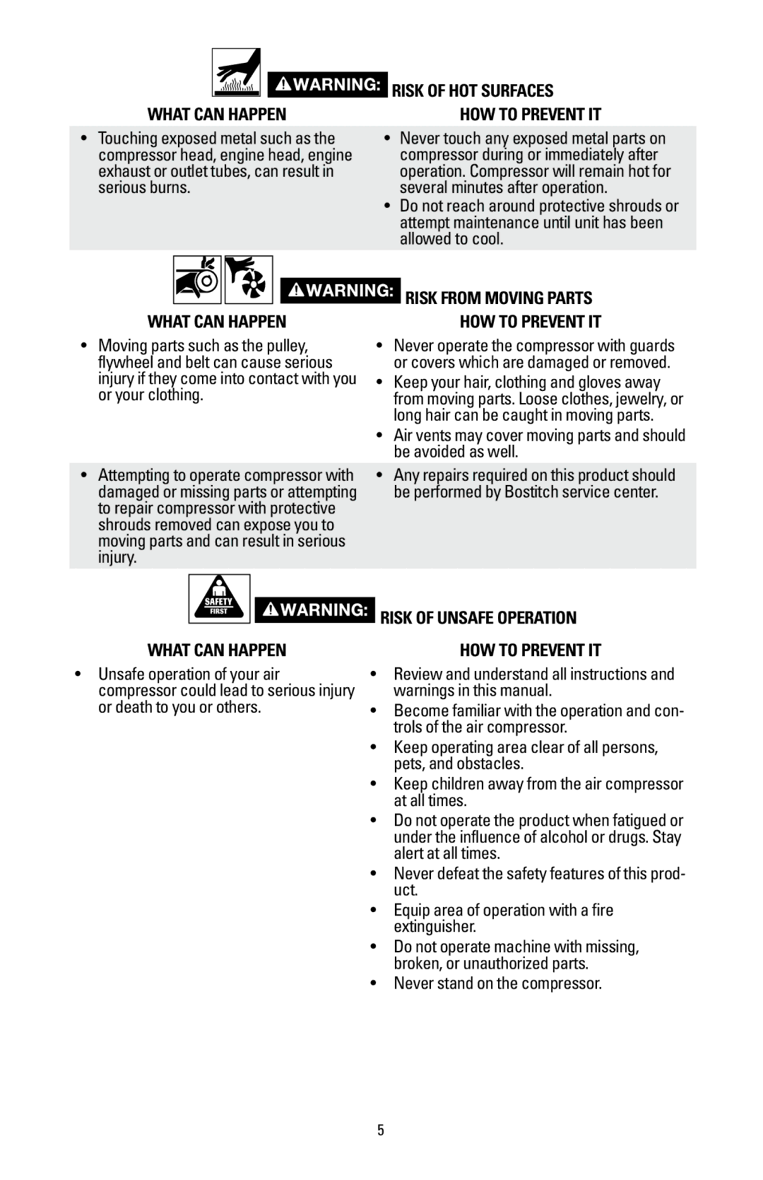 Bostitch BTFP02006 instruction manual Risk of Hot surfaces How to prevent it, Risk from Moving Parts How to prevent it 