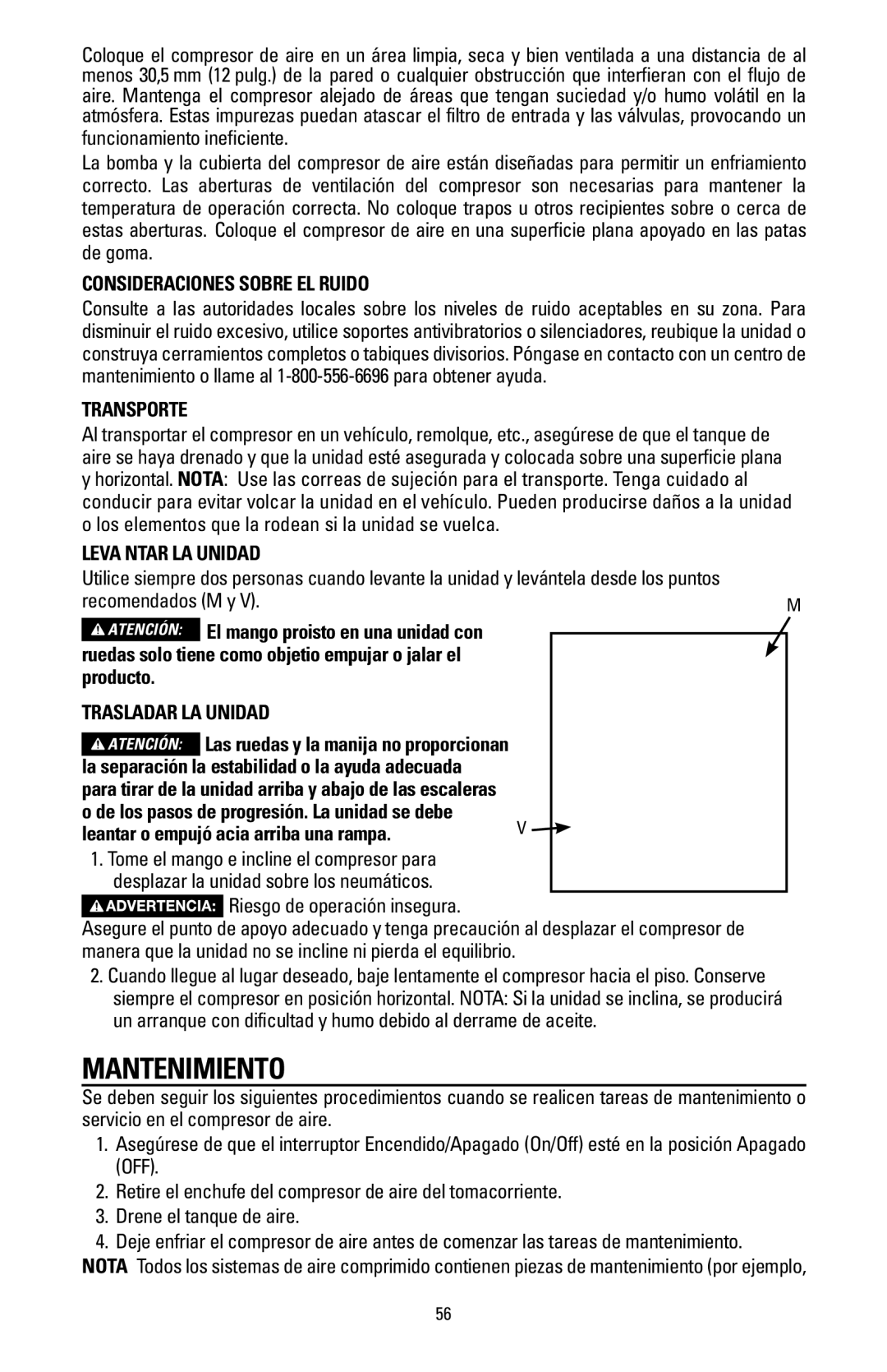 Bostitch BTFP02006 instruction manual Mantenimiento, Consideraciones sobre el ruido, Transporte, Leva ntar la unidad 