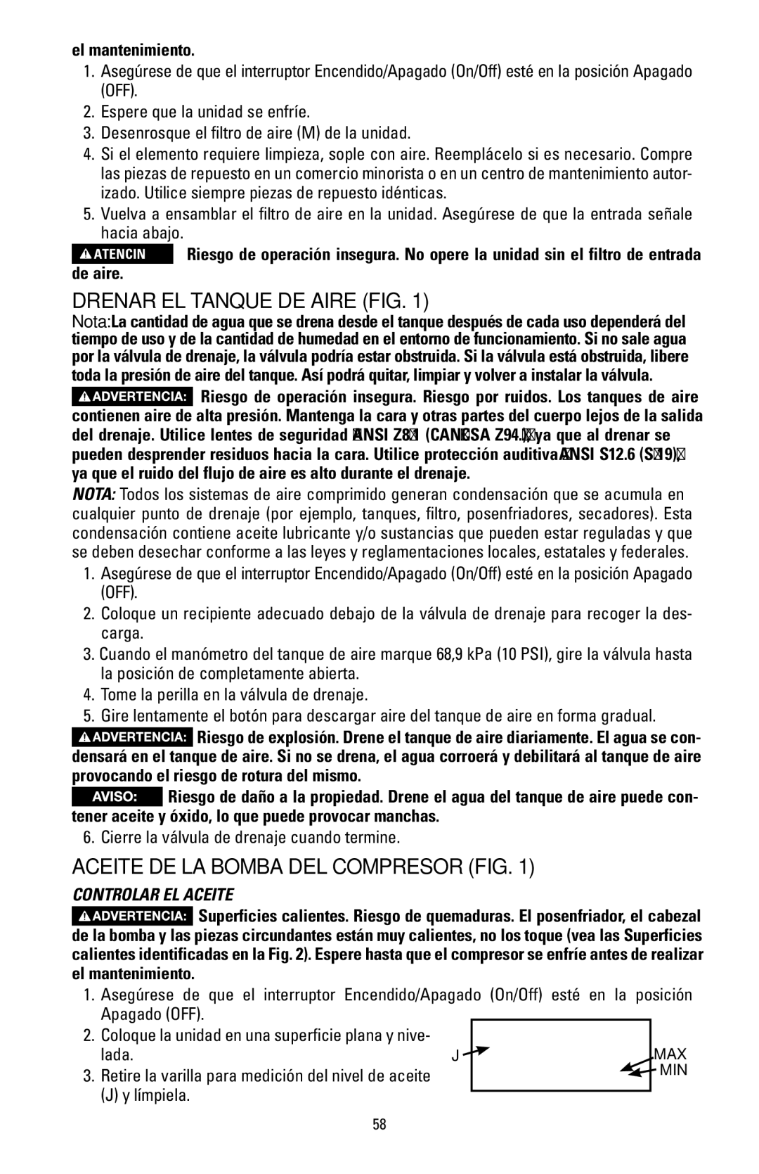 Bostitch BTFP02006 instruction manual Drenar el tanque de aire Fig, Aceite de la bomba del compresor Fig, El mantenimiento 