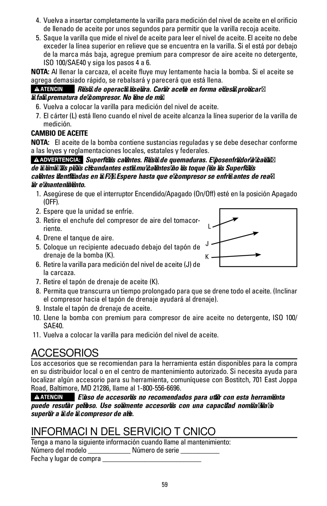 Bostitch BTFP02006 instruction manual Accesorios, Información del servicio técnico, Cambio de aceite 