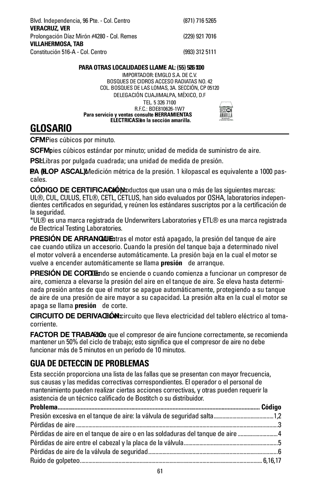 Bostitch BTFP02006 instruction manual Glosario, Guía de detección de problemas 