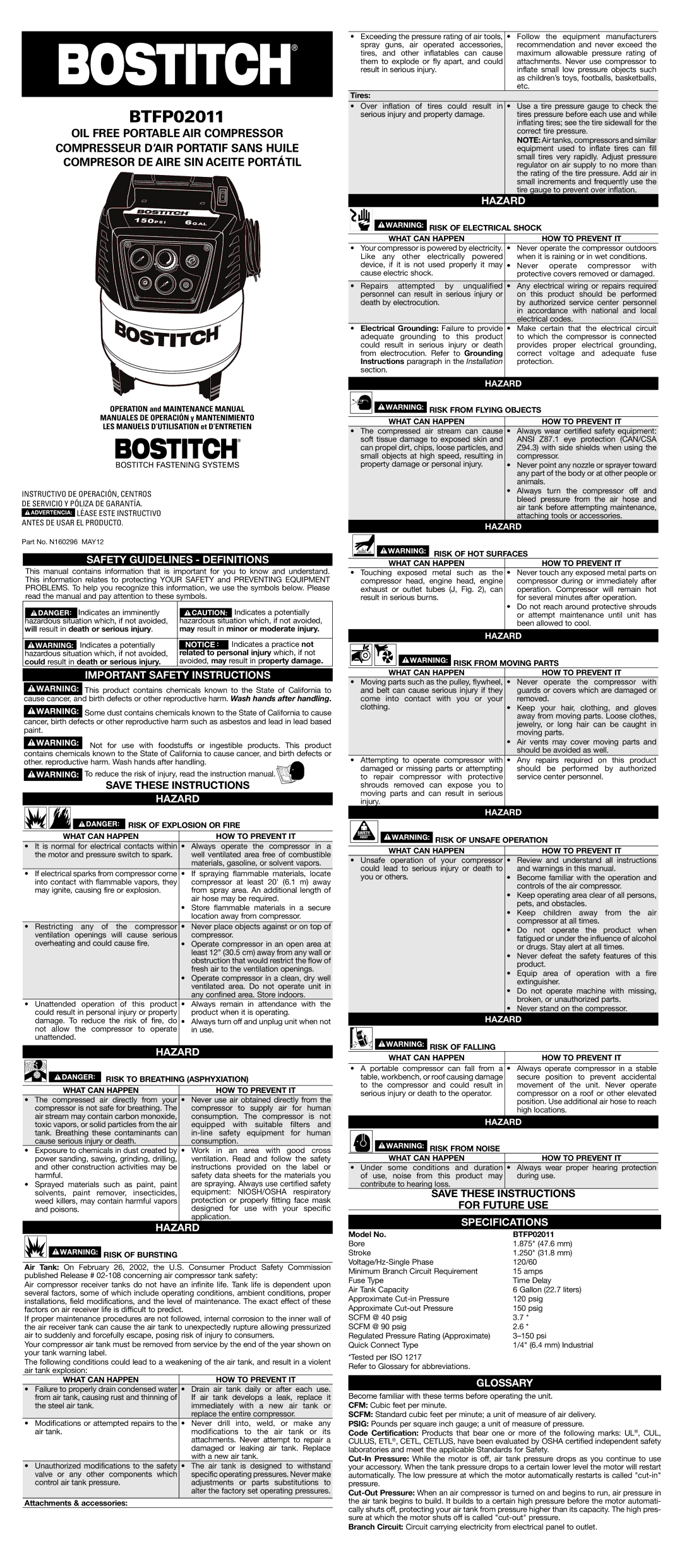 Bostitch BTFP02011 important safety instructions Safety Guidelines Definitions, Important Safety Instructions, Hazard 