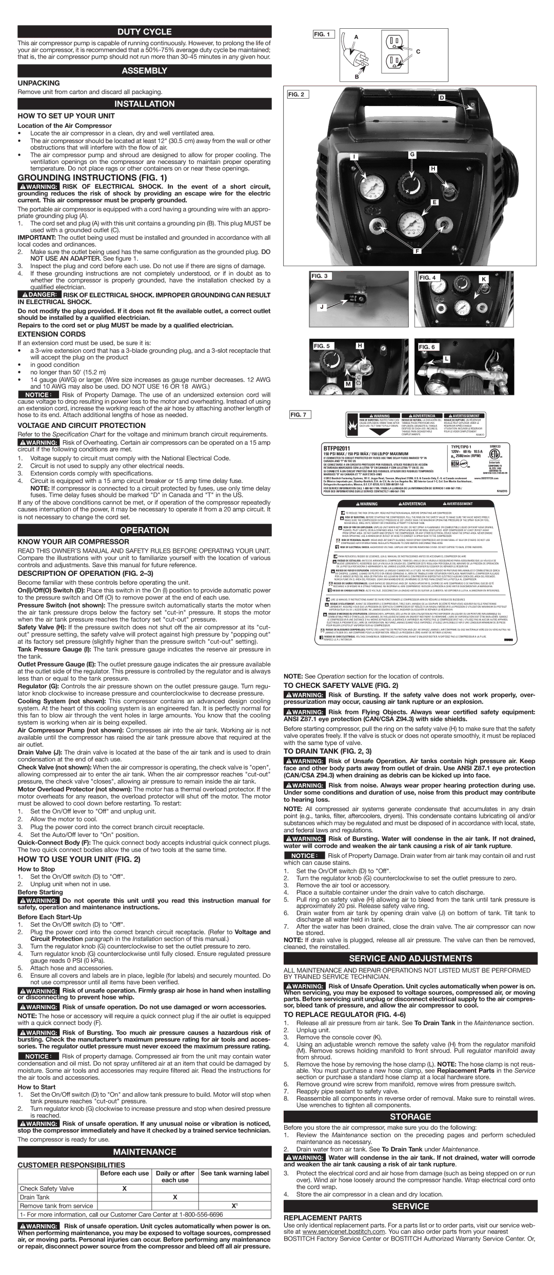 Bostitch BTFP02011 Duty Cycle, Assembly, Installation, Operation, Maintenance, Service and Adjustments, Storage 