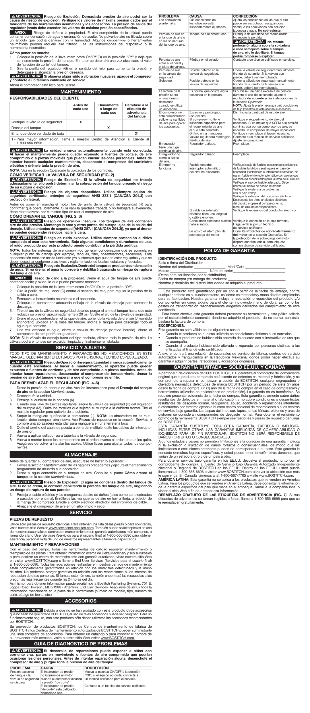 Bostitch BTFP02011 Mantenimiento, Servicio Y Ajustes, Almacenaje, Accesorios, Guía DE Diagnóstico DE Problemas 