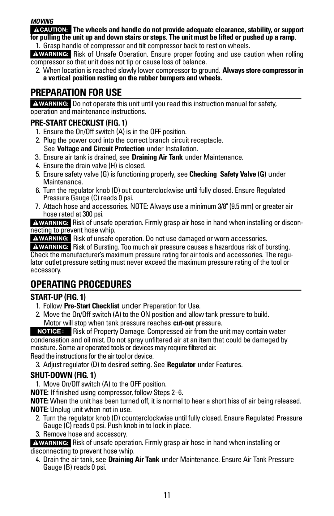 Bostitch BTFP02028 Preparation For Use, Operating Procedures, Pre-Start Checklist Fig, Start-up Fig, Shut-down Fig 