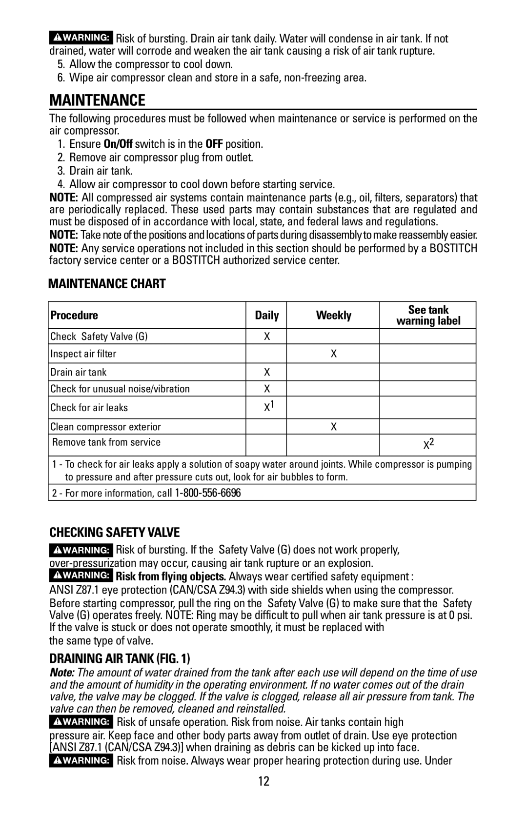 Bostitch BTFP02028 Maintenance Chart, Checking Safety Valve, Draining Air Tank Fig, Procedure Daily Weekly See tank 