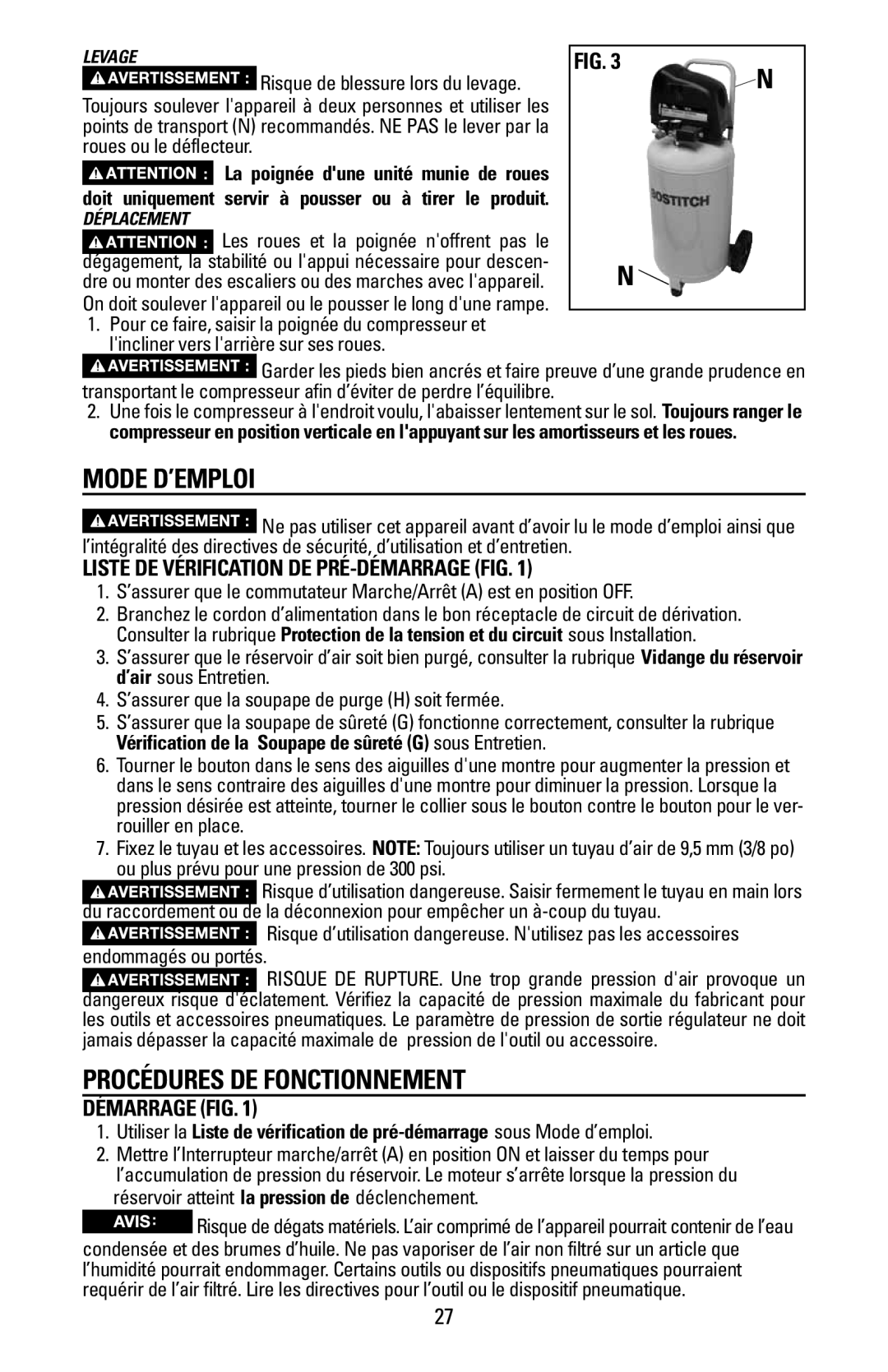 Bostitch BTFP02028 Mode d’emploi, Procédures de fonctionnement, Liste de vérification de pré-démarrage Fig, Démarrage Fig 