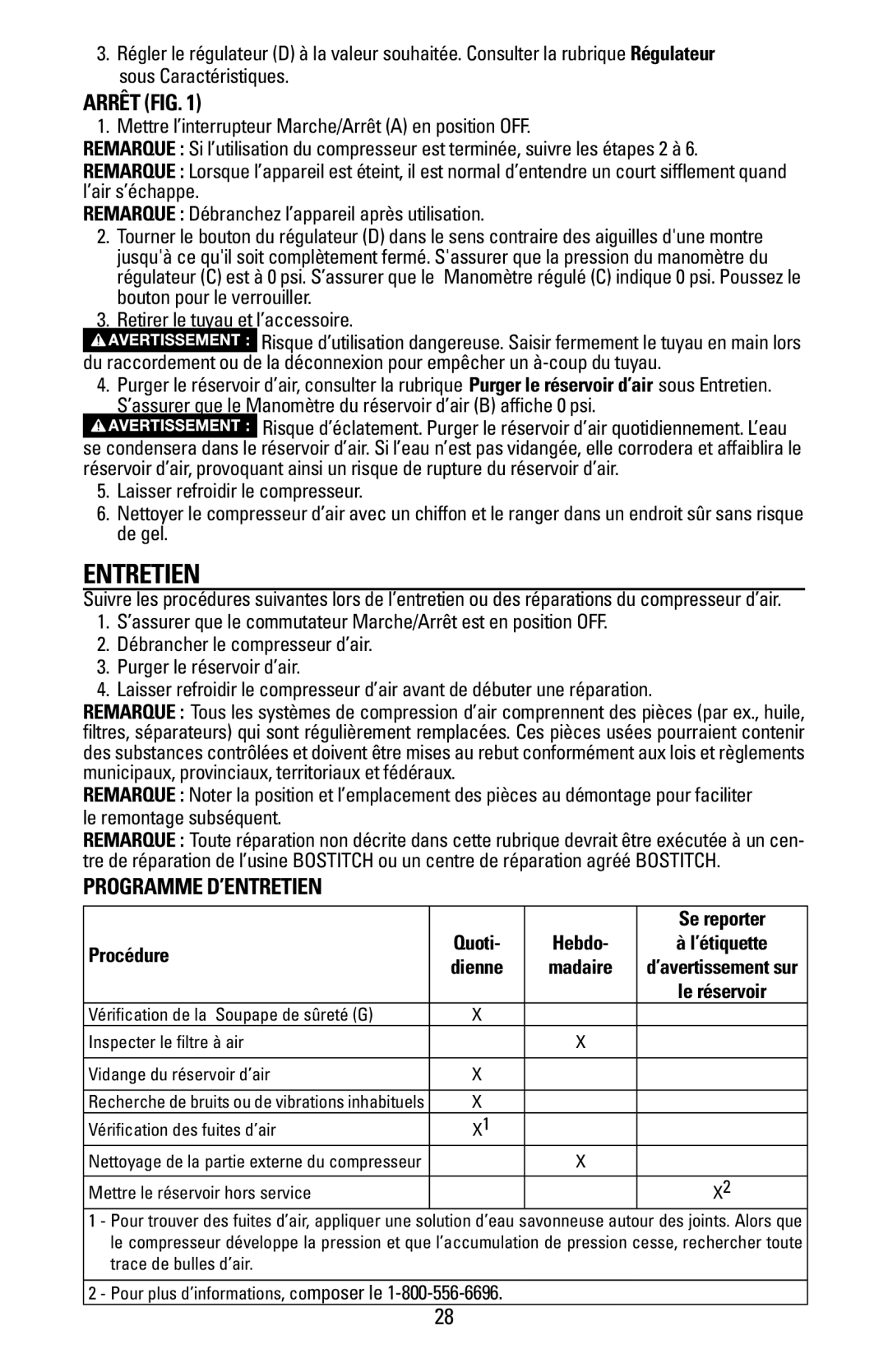 Bostitch BTFP02028 owner manual Entretien, Arrêt Fig, Programme d’entretien, Procédure 