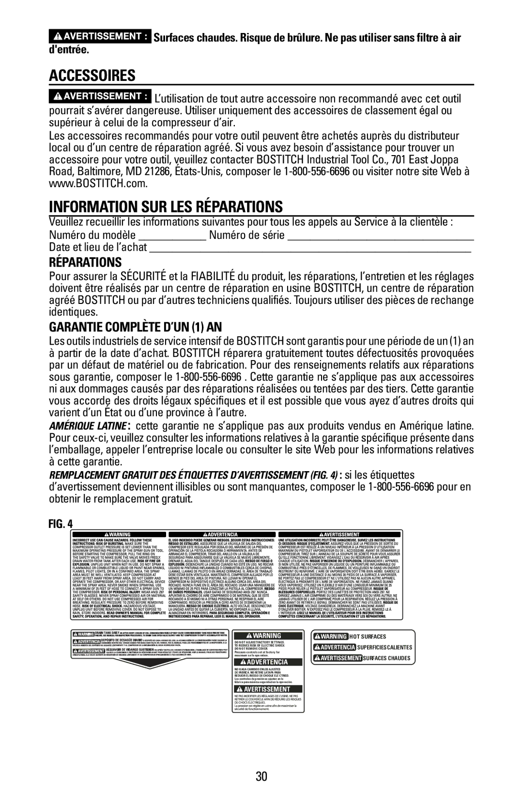 Bostitch BTFP02028 Accessoires, Information sur les réparations, Réparations, Garantie complète d’un 1 an, Cette garantie 