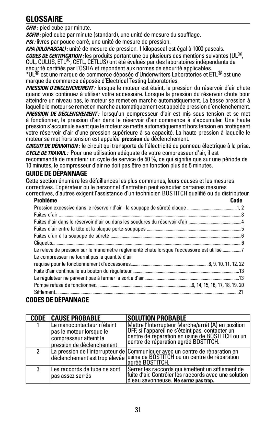 Bostitch BTFP02028 owner manual Glossaire, Guide de dépannage, Codes de dépannage Cause probable, Problème 