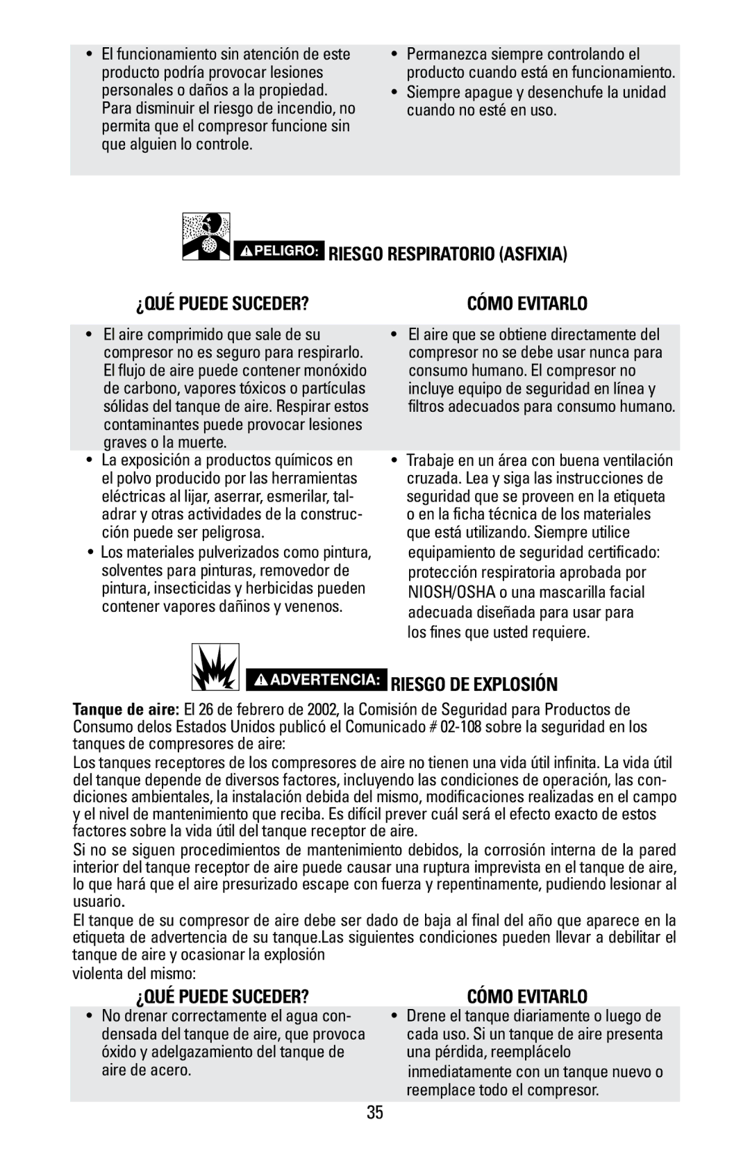 Bostitch BTFP02028 owner manual Riesgo de explosión, ¿Qué puede suceder? Cómo evitarlo 