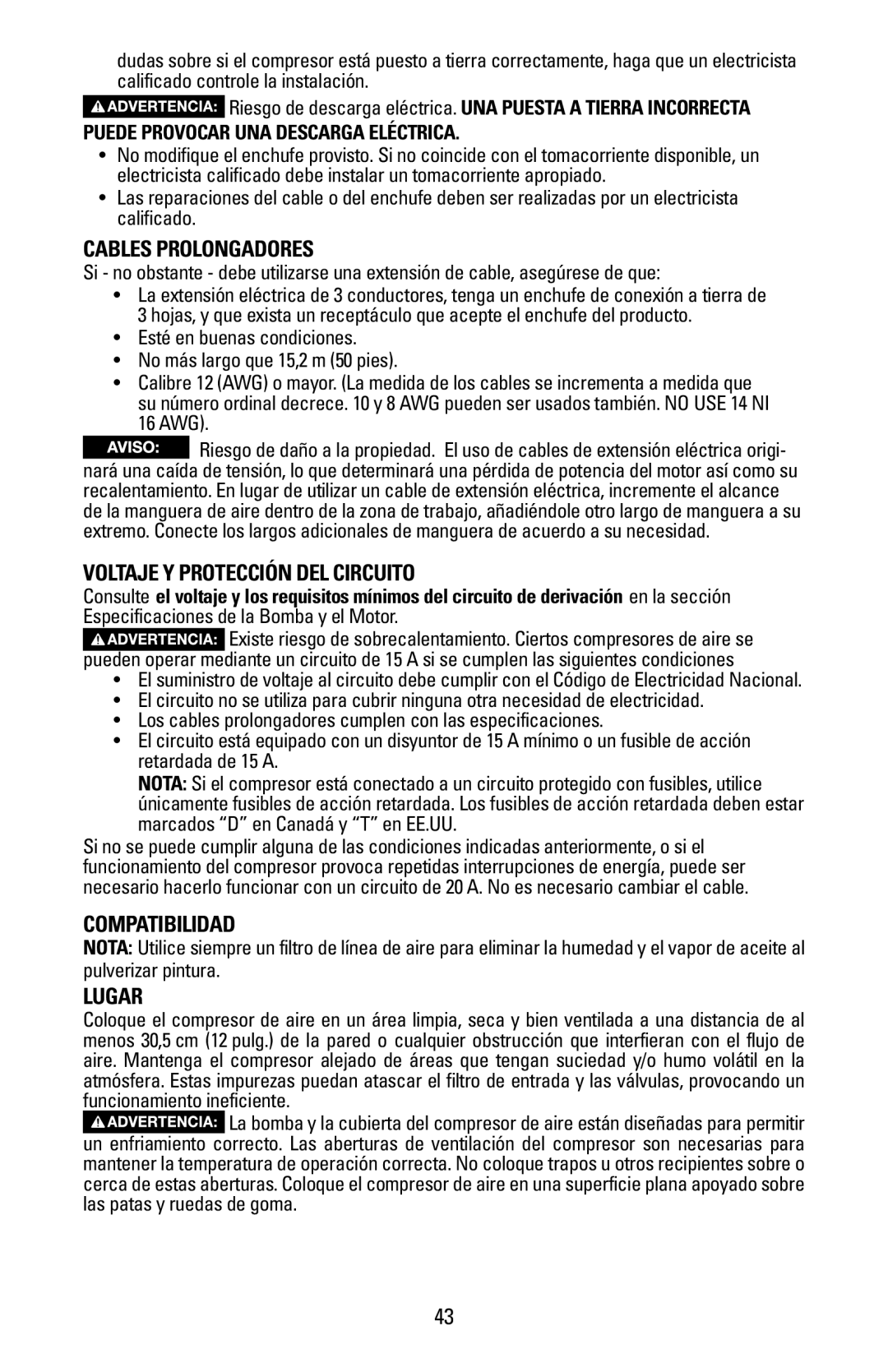 Bostitch BTFP02028 owner manual Cables prolongadores, Voltaje y protección del circuito, Compatibilidad, Lugar 