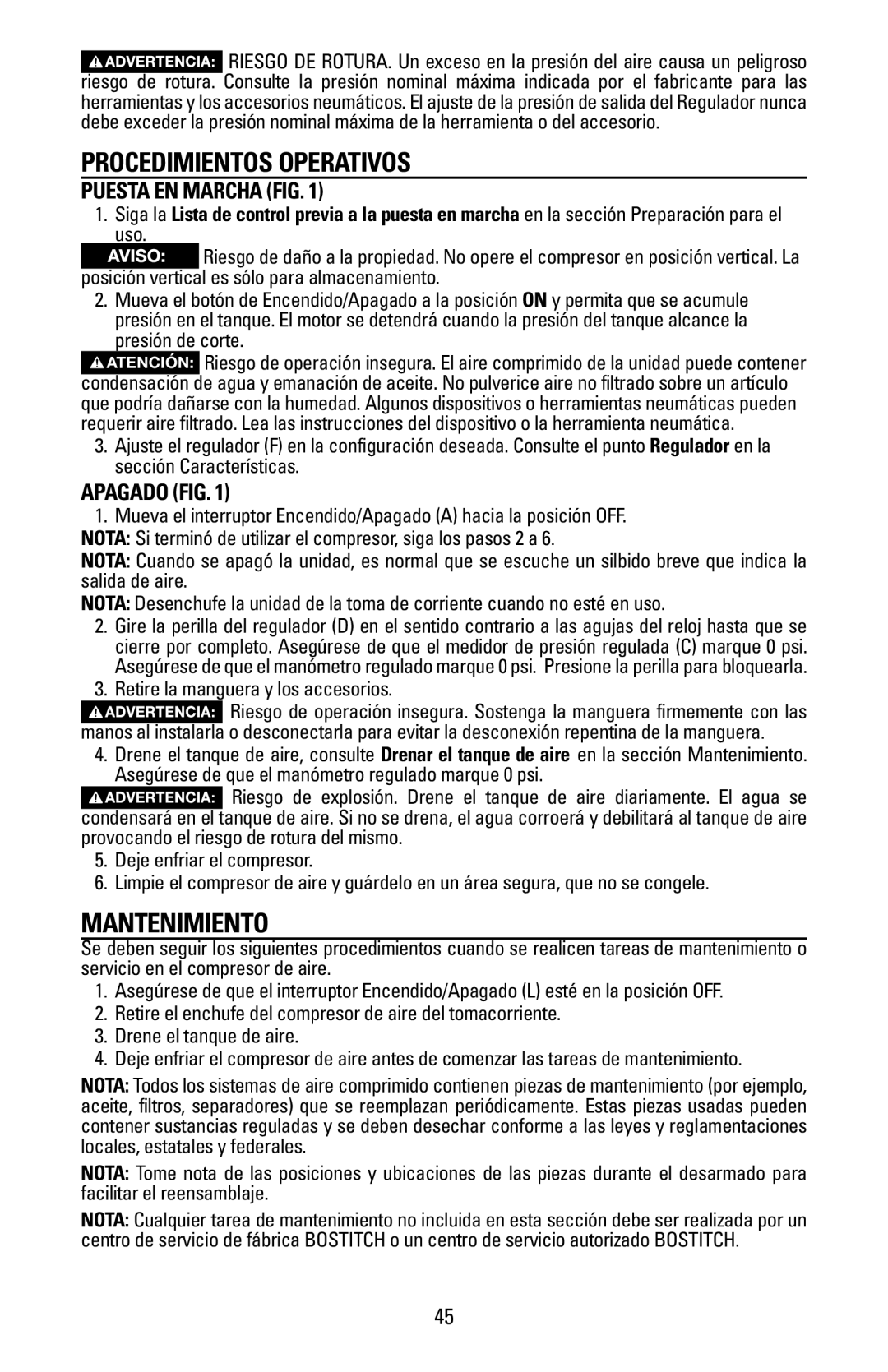 Bostitch BTFP02028 owner manual Procedimientos Operativos, Mantenimiento, Puesta EN Marcha FIG, Apagado FIG 