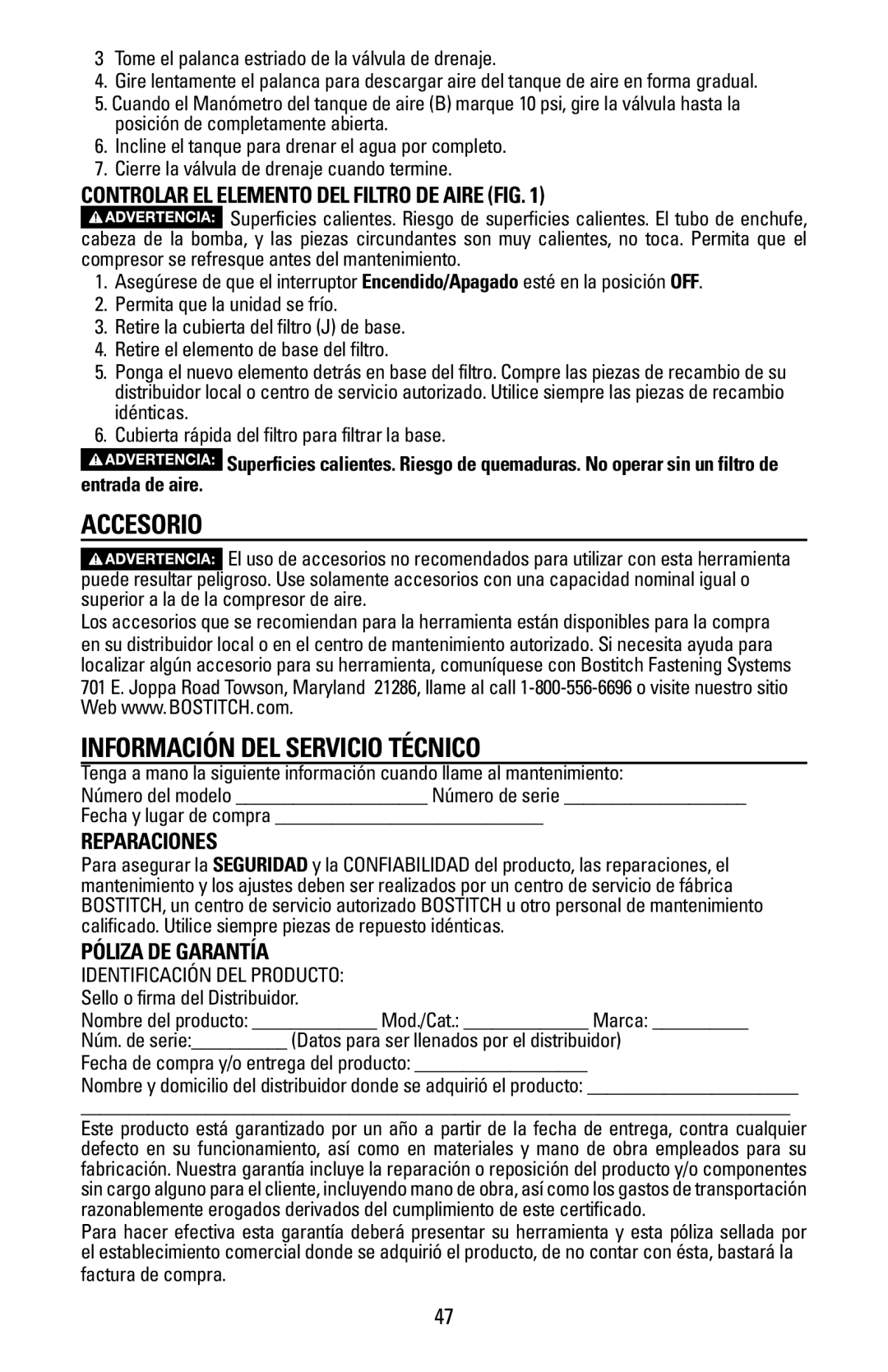 Bostitch BTFP02028 Accesorio, Información DEL Servicio Técnico, Controlar EL Elemento DEL Filtro DE Aire FIG, Reparaciones 