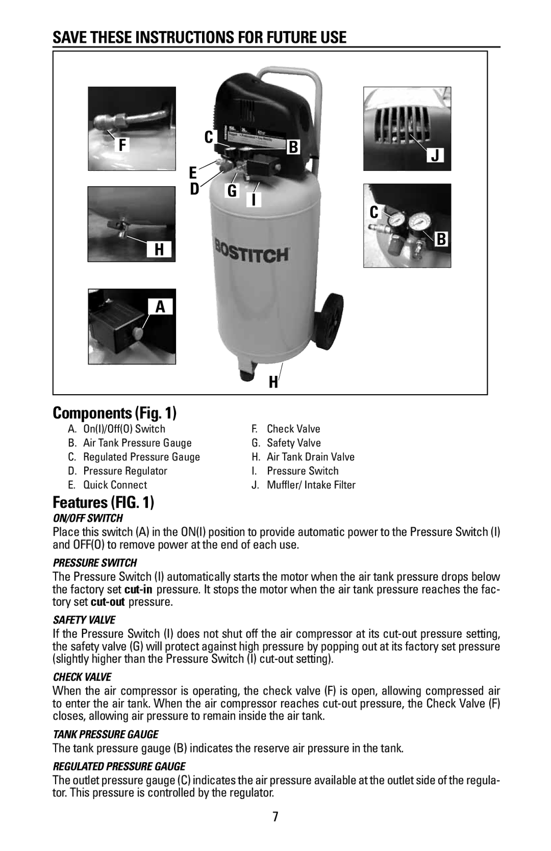 Bostitch BTFP02028 owner manual Save These Instructions for Future USE, Features FIG 