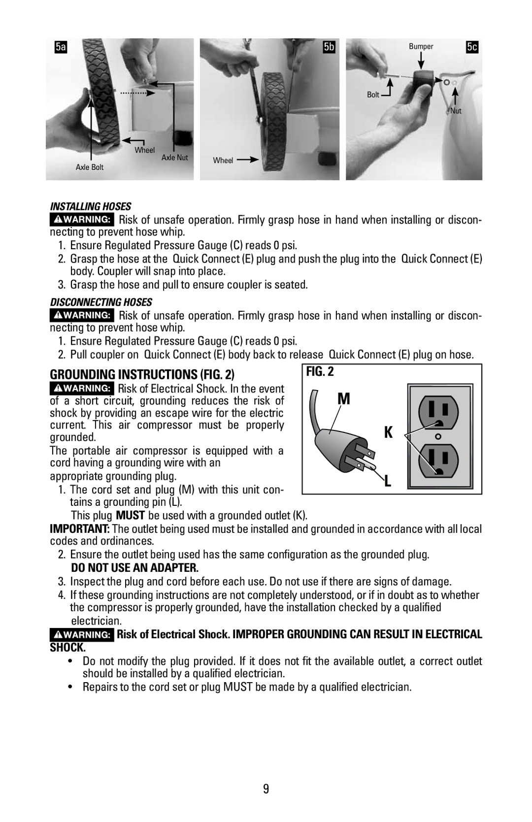 Bostitch BTFP02028 Grounding Instructions Fig, Do not USE AN Adapter, Electrician, Installing Hoses, Disconnecting Hoses 