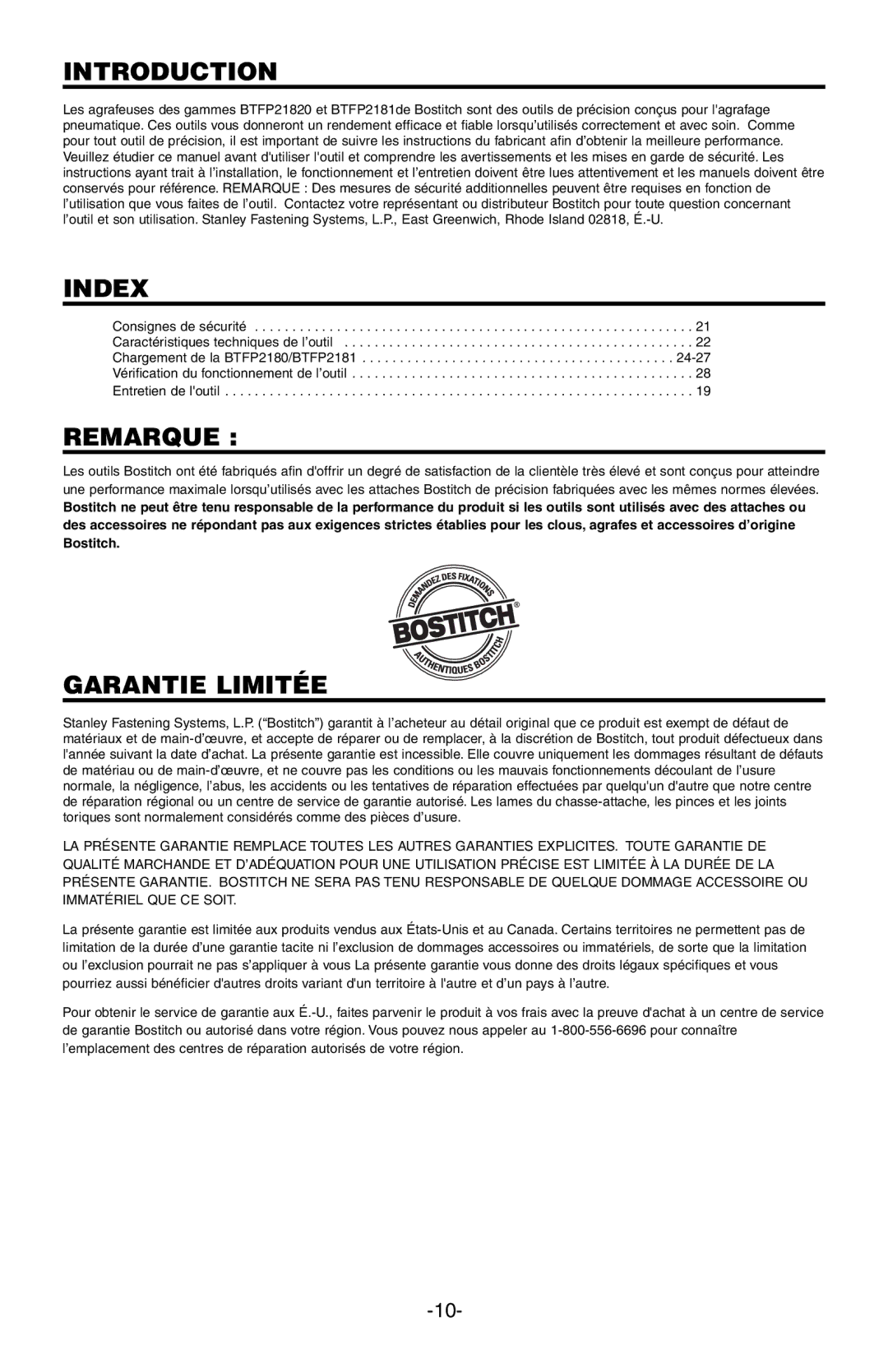 Bostitch BTFP12181, BTFP12180 manual Remarque, Garantie Limitée 