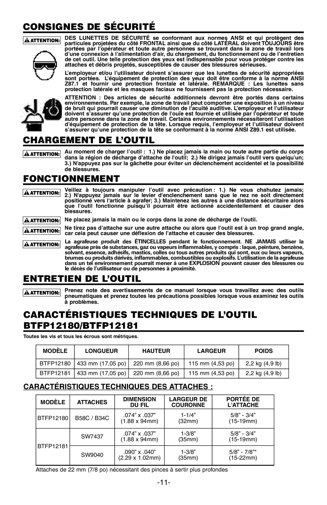 Bostitch BTFP12180, BTFP12181 manual Consignes DE Sécurité, Chargement DE L’OUTIL, Fonctionnement, Entretien DE L’OUTIL 