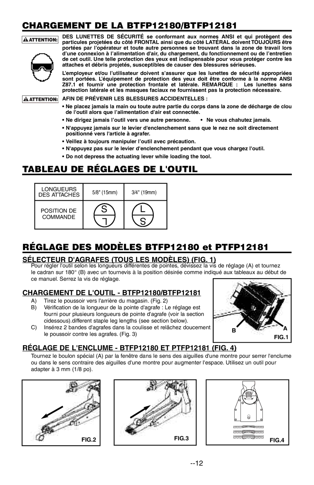 Bostitch manual Chargement DE LA BTFP12180/BTFP12181, Tableau DE Réglages DE Loutil 