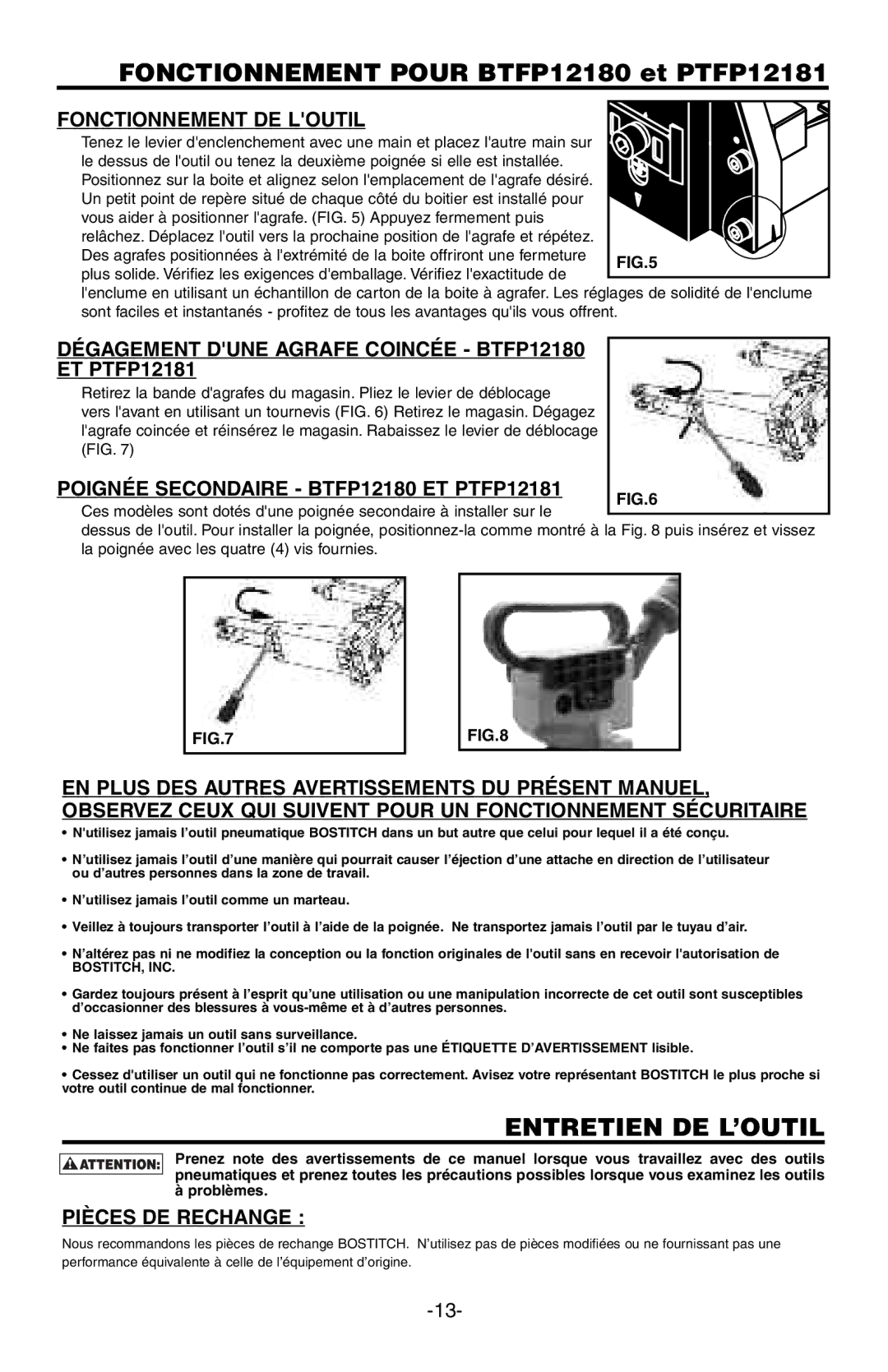 Bostitch Fonctionnement Pour BTFP12180 et PTFP12181, Fonctionnement DE Loutil, Dégagement Dune Agrafe Coincée BTFP12180 