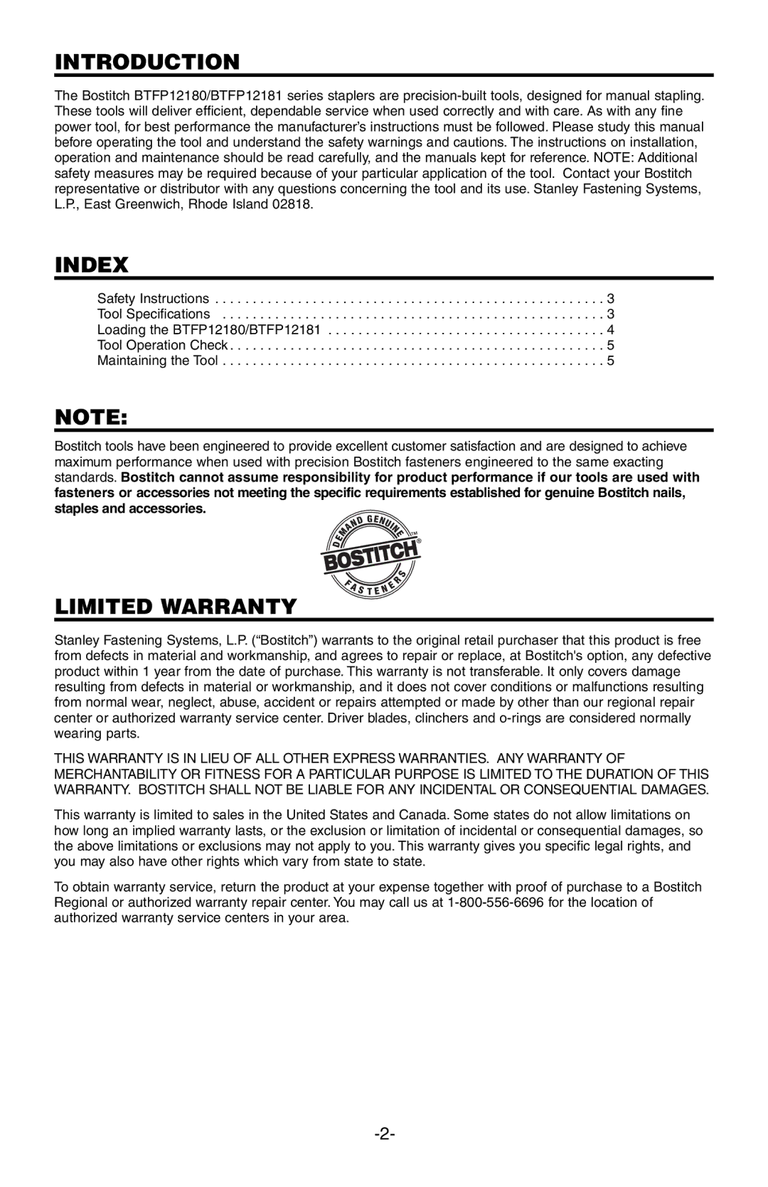 Bostitch BTFP12181, BTFP12180 manual Introduction, Index, Limited Warranty 