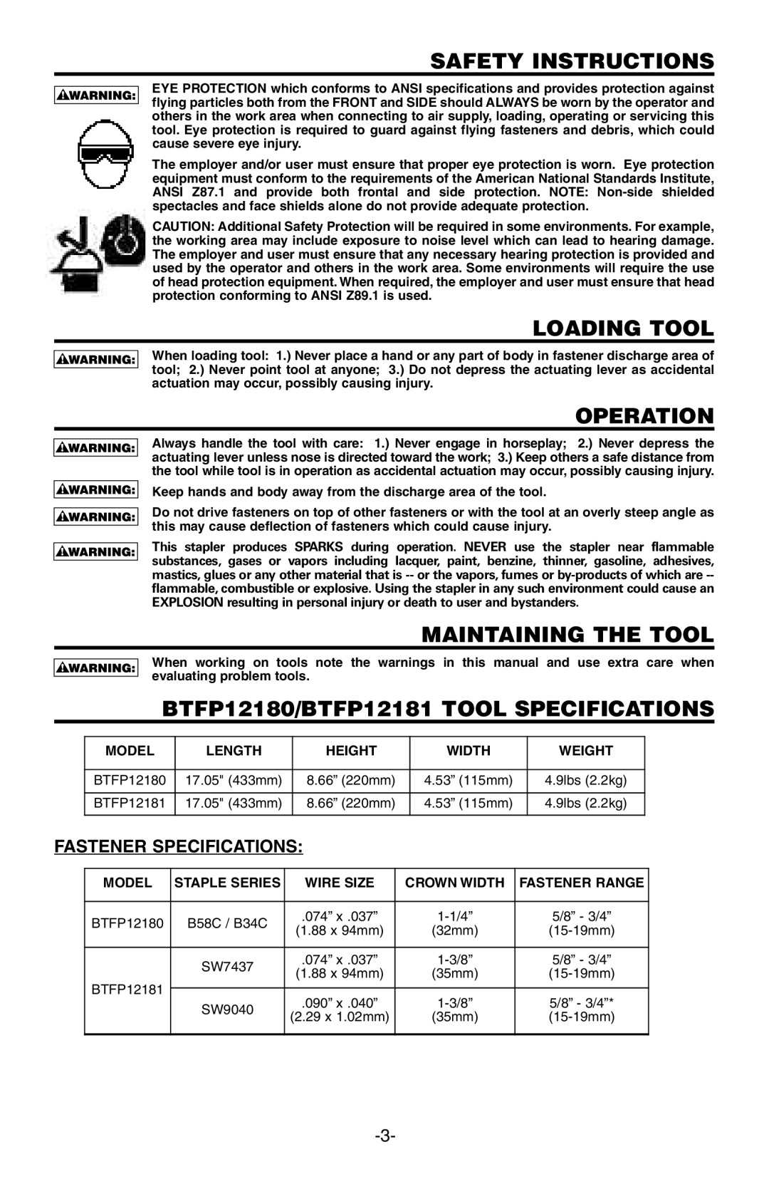 Bostitch BTFP12180, BTFP12181 manual Safety Instructions, Loading Tool, Operation, Maintaining the Tool 