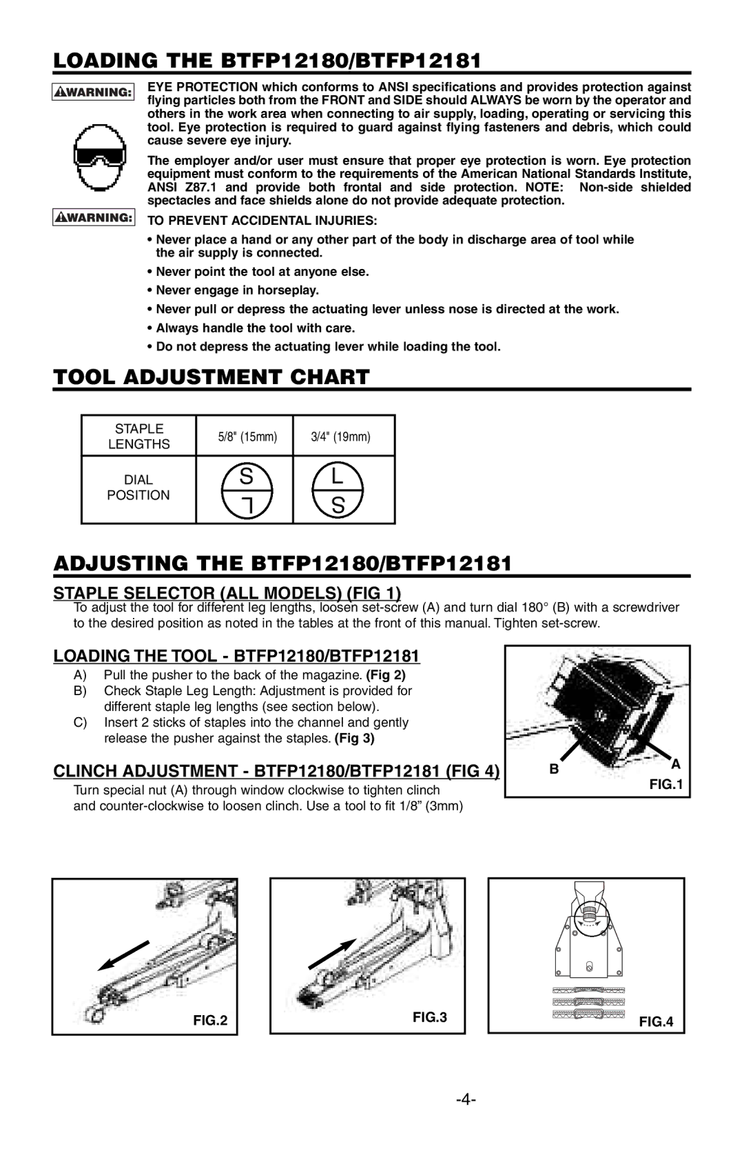 Bostitch manual Loading the BTFP12180/BTFP12181, Tool Adjustment Chart, Adjusting the BTFP12180/BTFP12181 