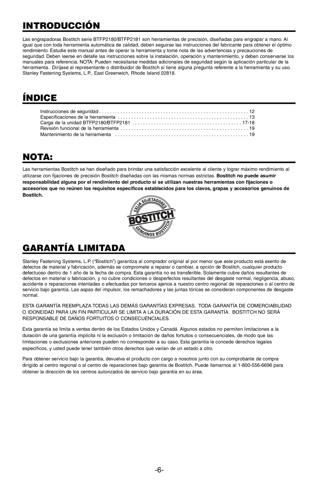 Bostitch BTFP12181, BTFP12180 manual Introducción, Índice, Nota, Garantía Limitada 