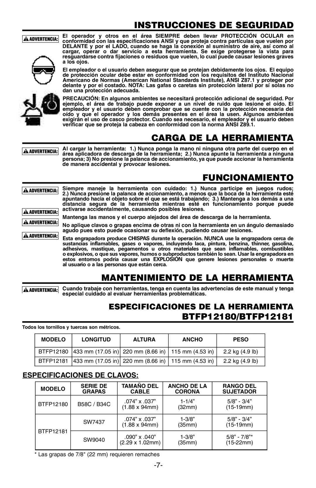 Bostitch BTFP12180 Instrucciones DE Seguridad, Carga DE LA Herramienta, Funcionamiento, Mantenimiento DE LA Herramienta 